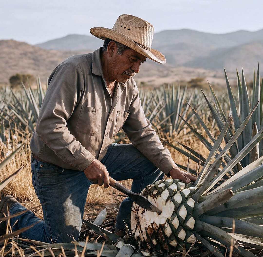 Man harvesting agave plants in a field with mountains in the background
