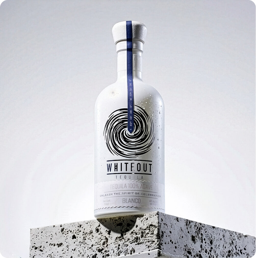 Whiteout tequila bottle on a concrete block with a white background