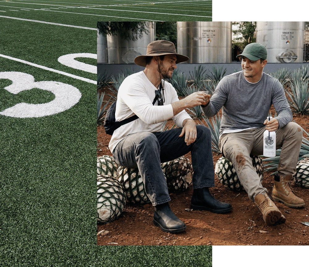 Whiteout tequila founders clinking shot glasses